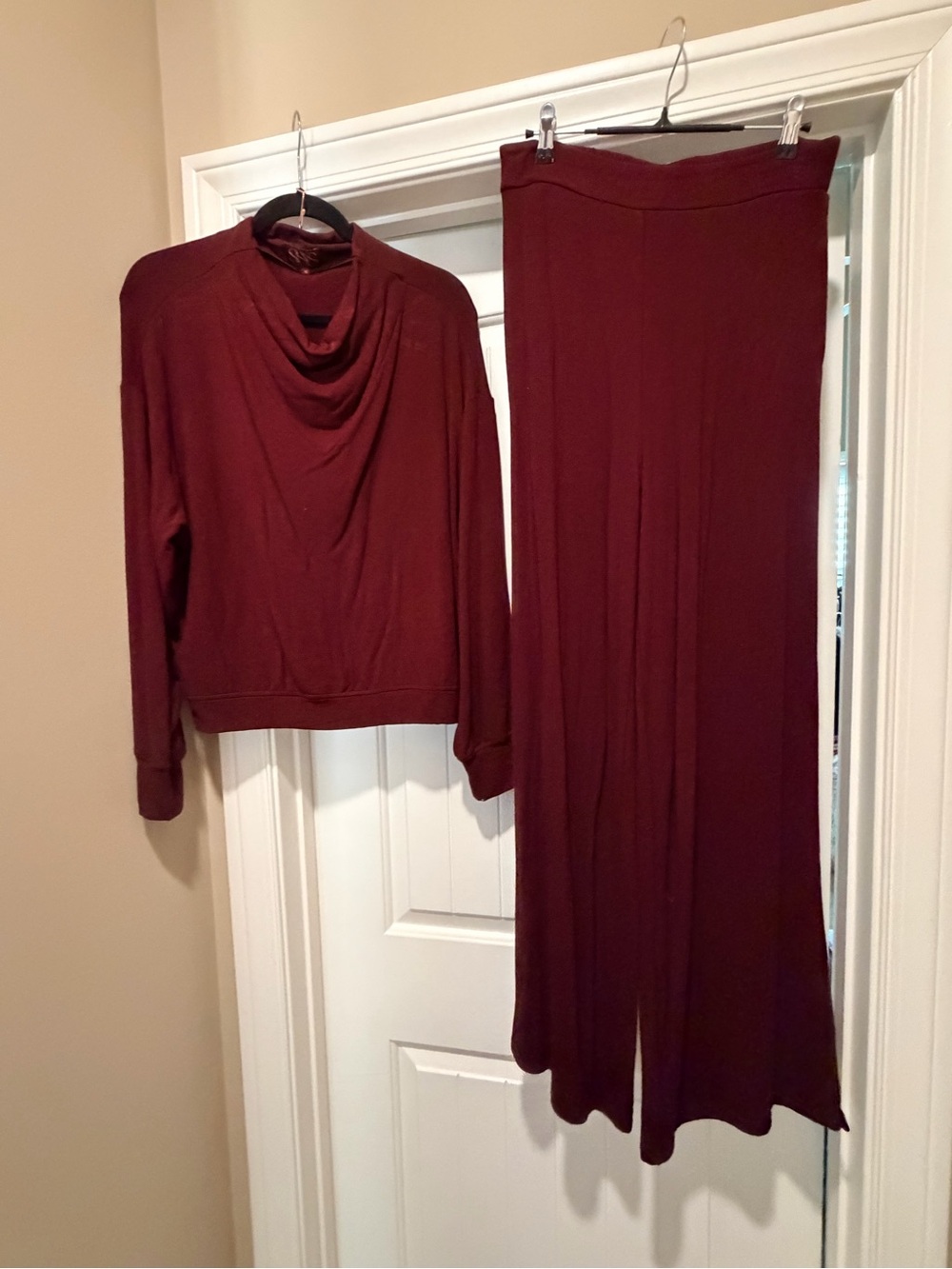 Wide Leg Pull-On Pants and Cowl Neck Top in Burgundy